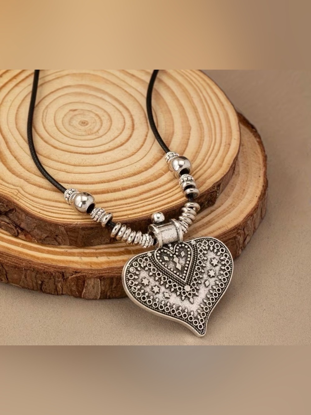 Western Style Silver Heart Pendant Necklace - Black Cord